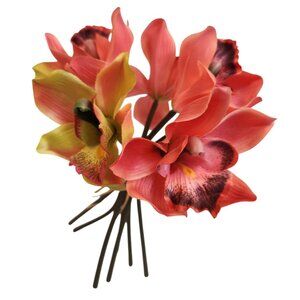 Artificial Cymbidium Orchid Bouquet 7 Stem Pink Green Faux Orchid Floral Decor